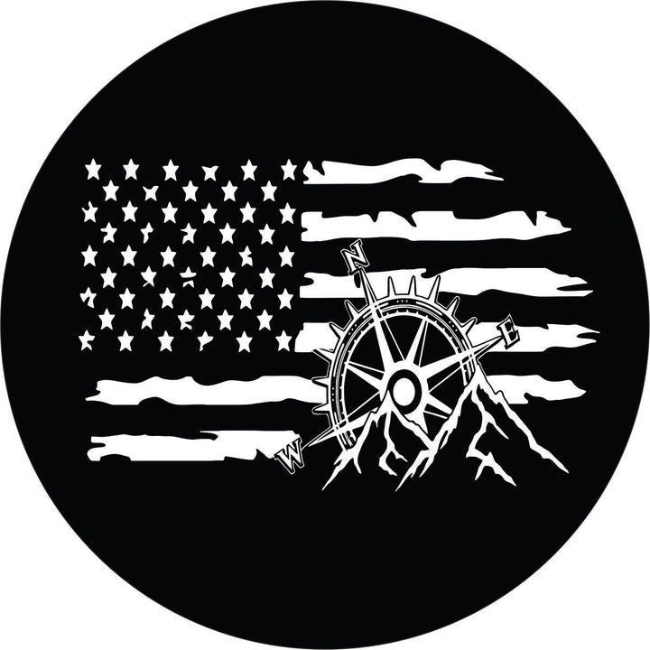 American Flag Compass and Mountains Spare Tire Cover for Jeep, Bronco, RV, Camper, Van, Travel Trailer, Etc.