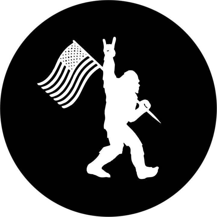 Rock On Bigfoot Sasquatch American Flag Spare Tire Cover for Bronco, Jeep, RV Camper, & More