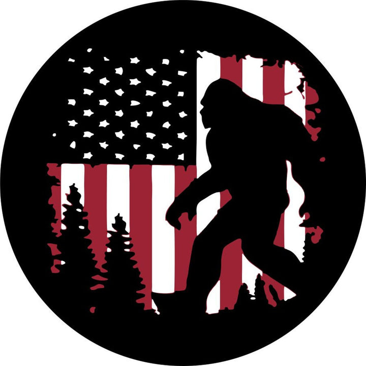 Bigfoot or Sasquatch American Flag Spare Tire Cover for Bronco, Jeep, Camper, RV, & More