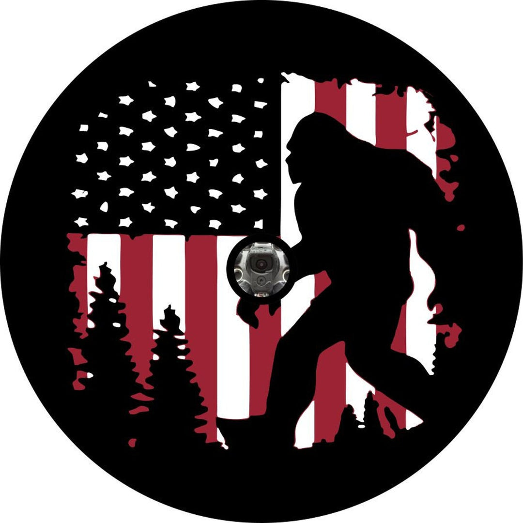 Bigfoot or Sasquatch American Flag Spare Tire Cover for Bronco, Jeep, Camper, RV, & More