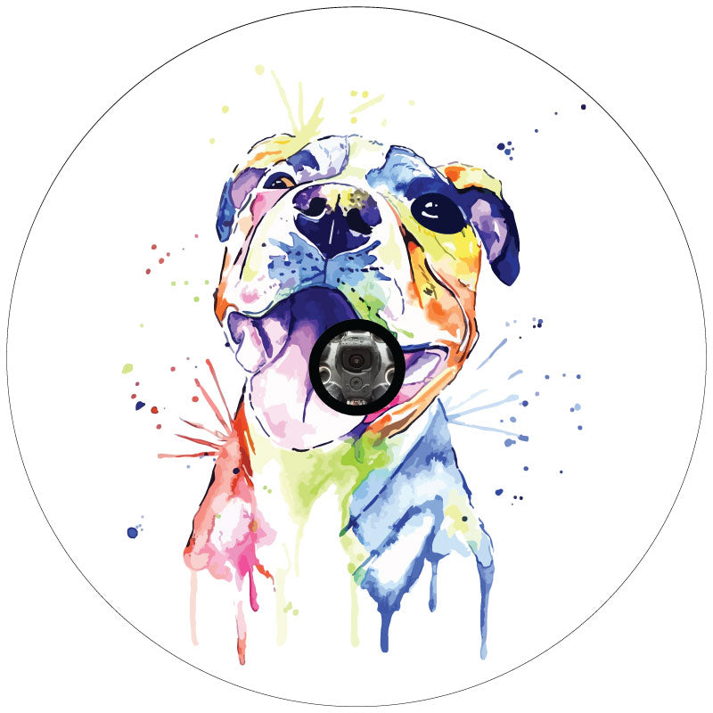 Multicolor Watercolor Paint Cute Pitbull Spare Tire Cover on White Vinyl