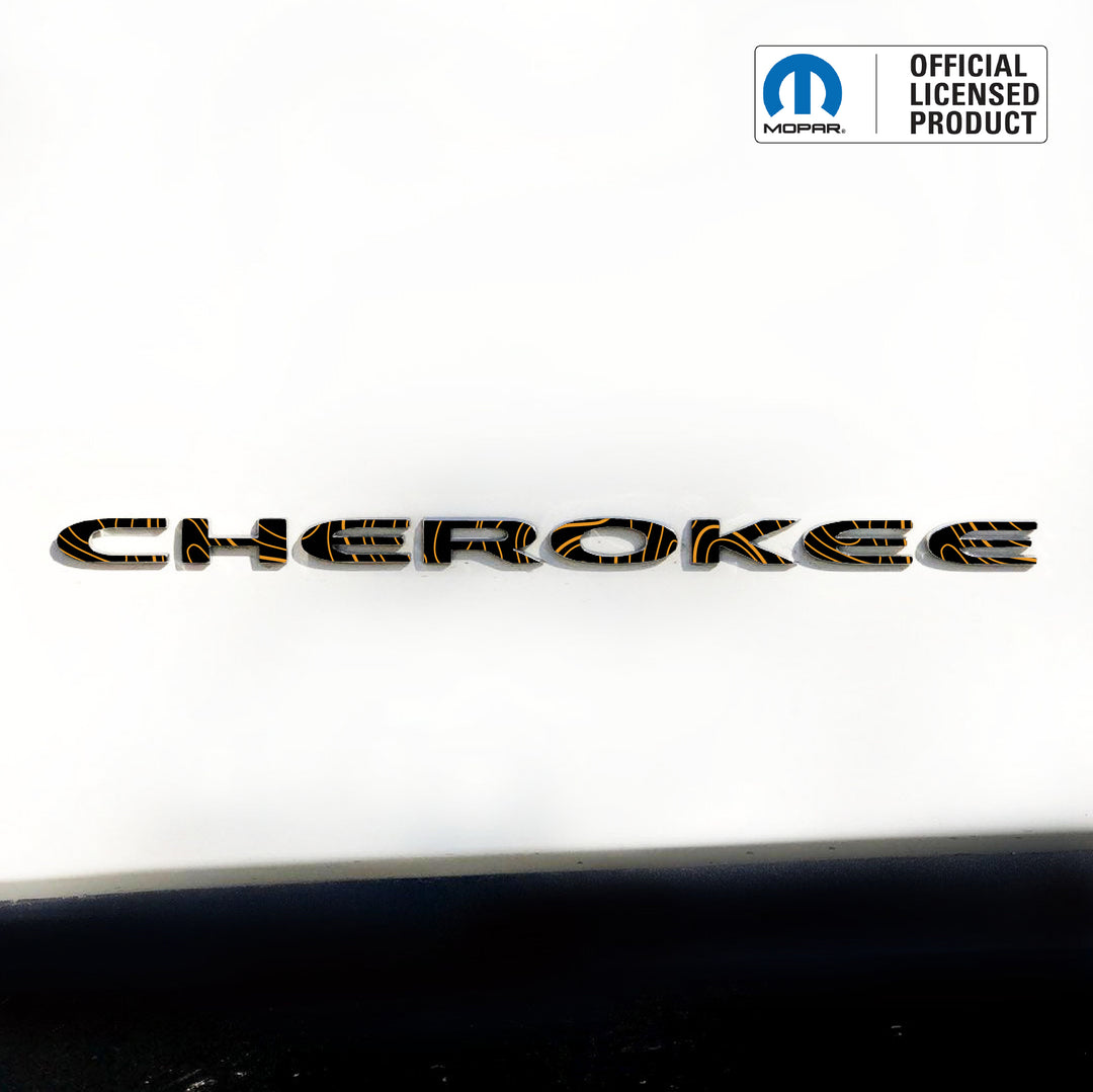 CHEROKEE Door Emblem Overlay Decals – Topographic Map Print | Fits 2014–2025 Jeep Cherokee (Excludes Select Trims)