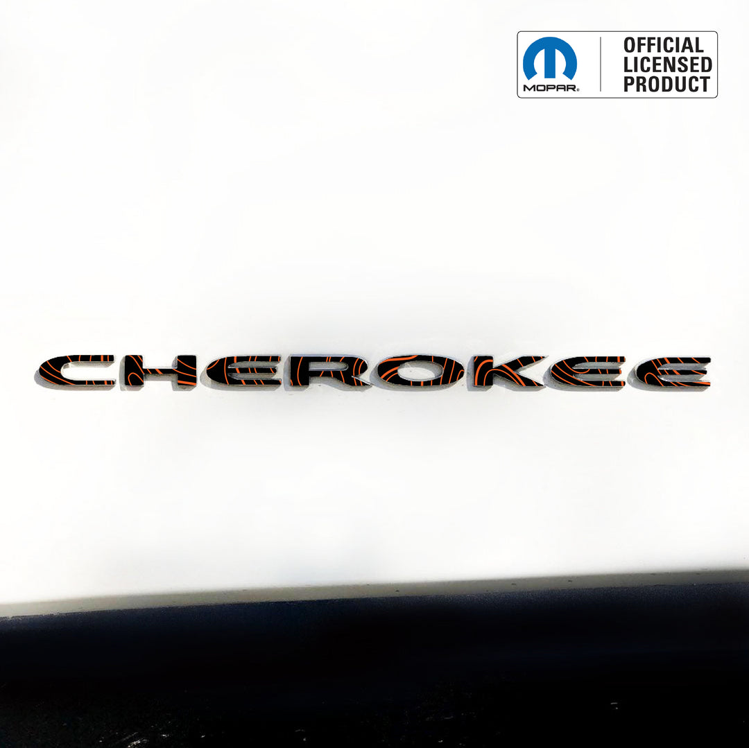 CHEROKEE Door Emblem Overlay Decals – Topographic Map Print | Fits 2014–2025 Jeep Cherokee (Excludes Select Trims)