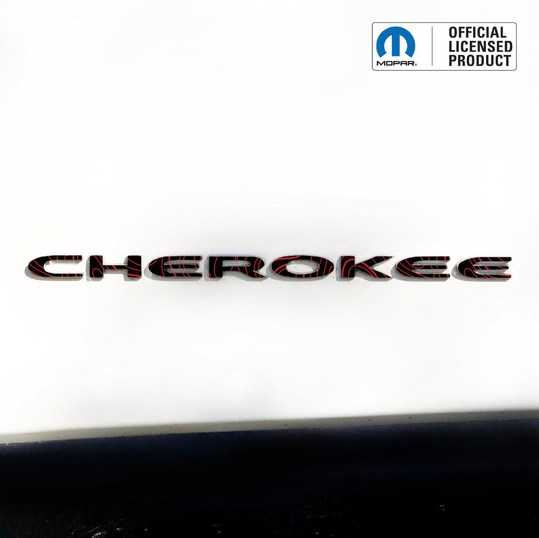CHEROKEE Door Emblem Overlay Decals – Topographic Map Print | Fits 2014–2025 Jeep Cherokee (Excludes Select Trims)