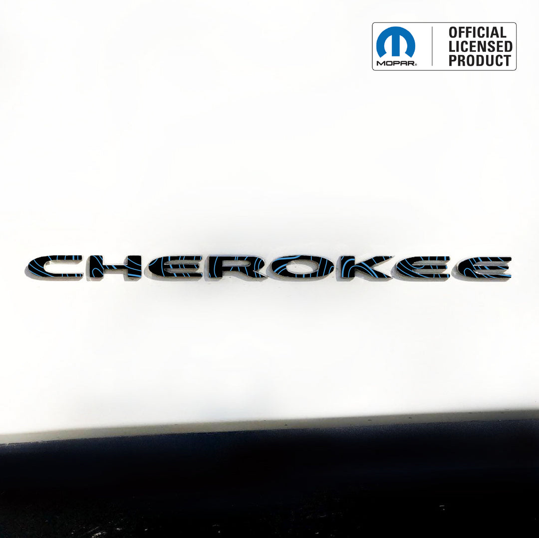 CHEROKEE Door Emblem Overlay Decals – Topographic Map Print | Fits 2014–2025 Jeep Cherokee (Excludes Select Trims)