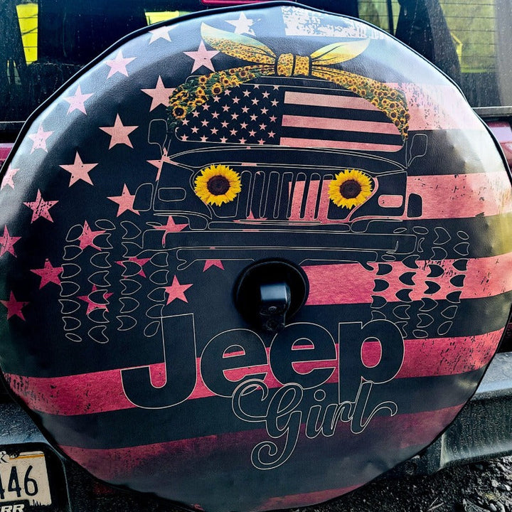 Ombre Pink Jeep Girl Sunflower & American Flag Cute Spare Tire Cover for Jeep Wrangler