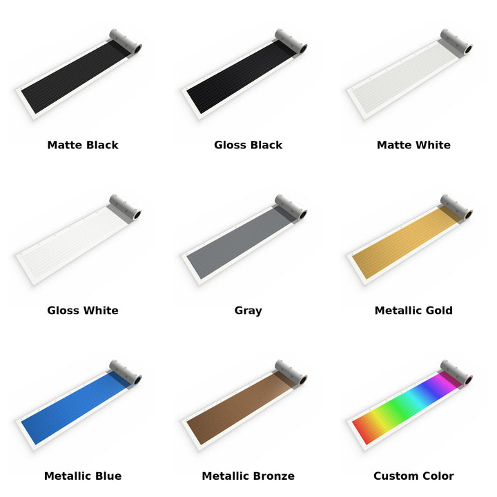 DIY Topo Accent Pack shown in all 9 colors: Matte Black, Gloss Black, Matte White, Gloss White, Gray, Metallic Gold, Metallic Blue, Metallic Bronze, Custom Color
