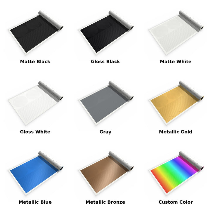 DIY Topo Kit topographic vinyl wrap kit shown in all 9 colors: Matte Black, Gloss Black, Matte White, Gloss White, Gray, Metallic Gold, Metallic Blue, Metallic Bronze, Custom Color