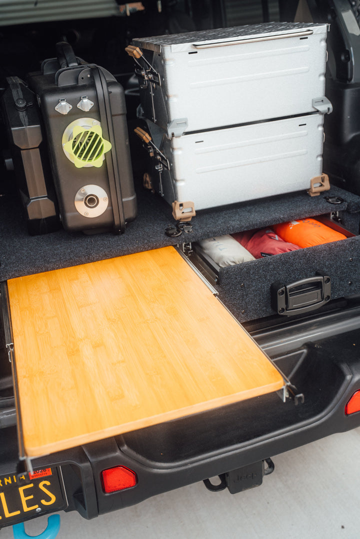 Heavy Duty Versatile Drawer System for Jeep Wrangler JL w/ Slide-Out Bamboo Table & Fridge Mount