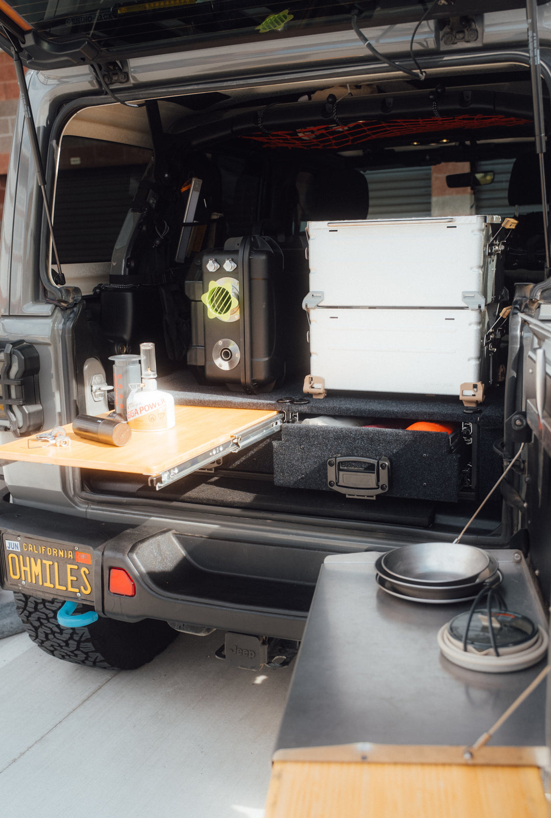 Heavy Duty Versatile Drawer System for Jeep Wrangler JL w/ Slide-Out Bamboo Table & Fridge Mount