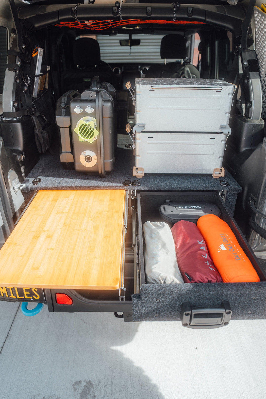 Heavy Duty Versatile Drawer System for Jeep Wrangler JL w/ Slide-Out Bamboo Table & Fridge Mount