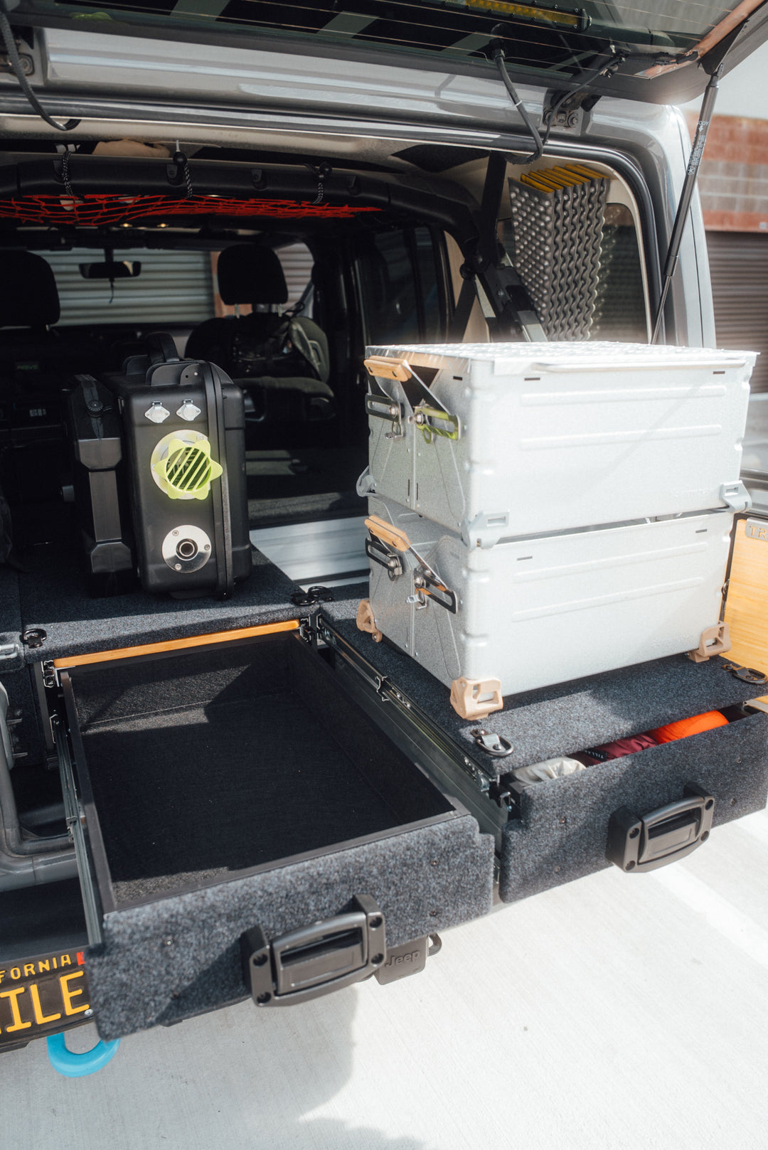 Heavy Duty Versatile Drawer System for Jeep Wrangler JL w/ Slide-Out Bamboo Table & Fridge Mount