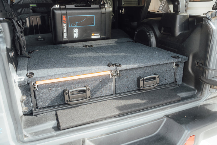 Heavy Duty Versatile Drawer System for Jeep Wrangler JL w/ Slide-Out Bamboo Table & Fridge Mount