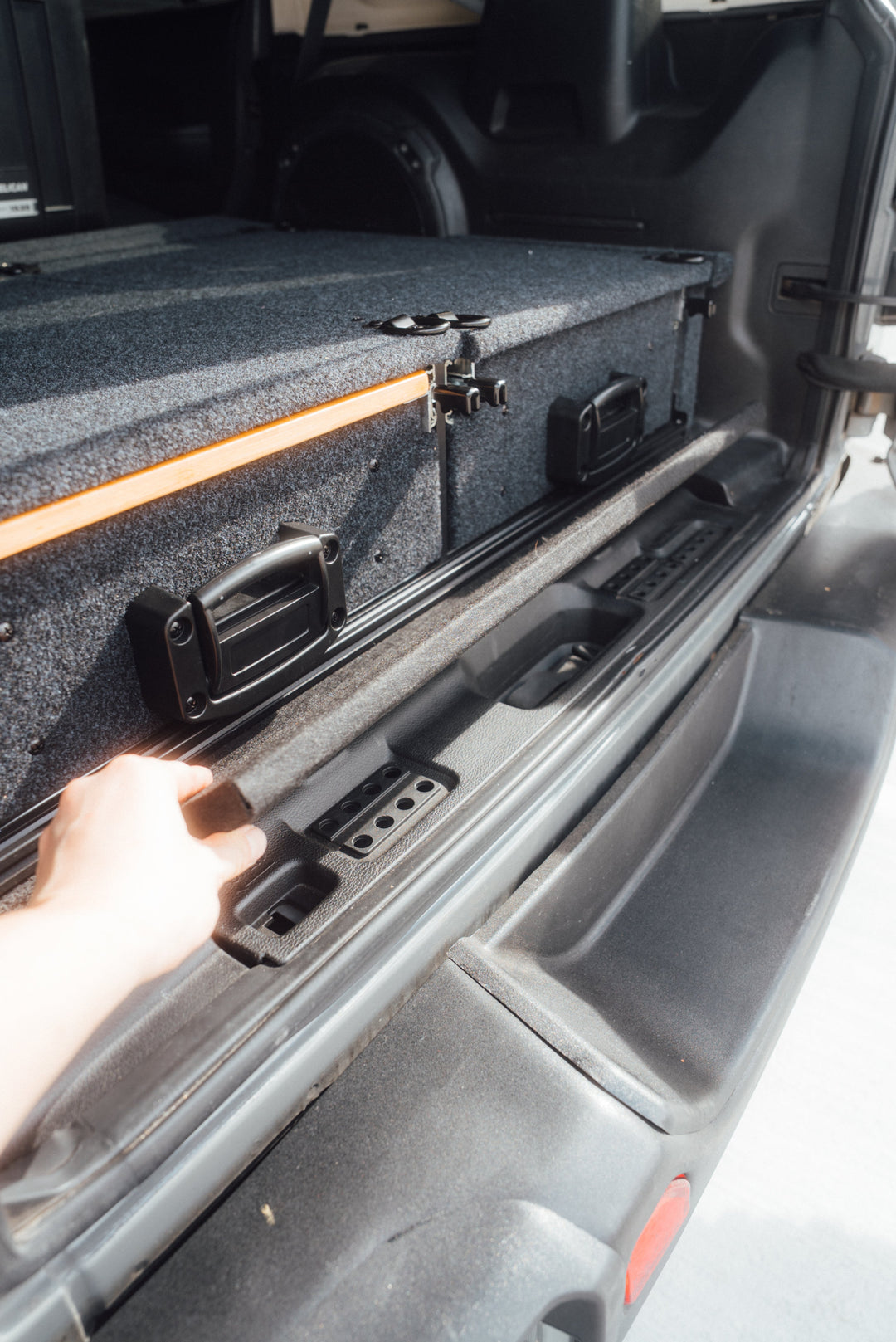 Heavy Duty Versatile Drawer System for Jeep Wrangler JL w/ Slide-Out Bamboo Table & Fridge Mount