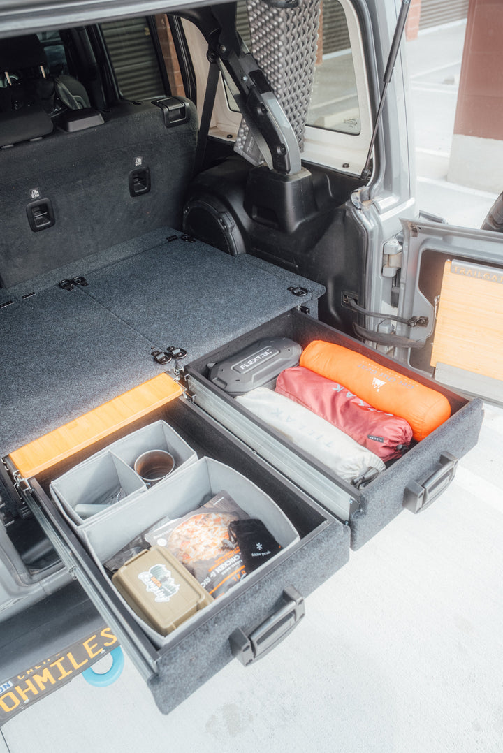 Heavy Duty Versatile Drawer System for Jeep Wrangler JL w/ Slide-Out Bamboo Table & Fridge Mount