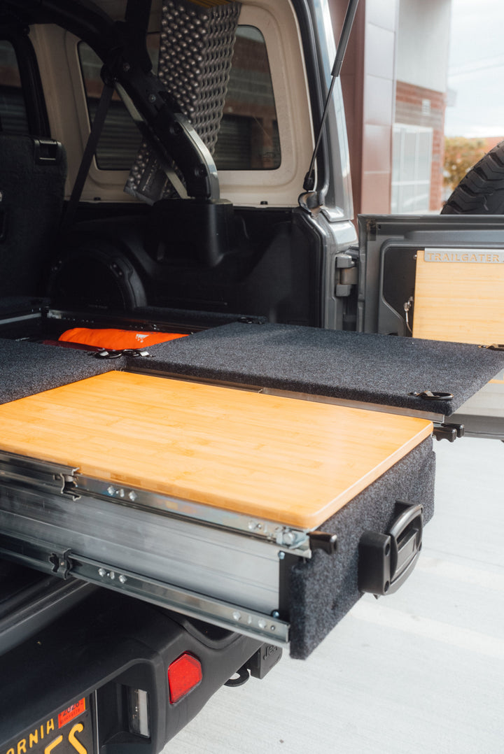 Heavy Duty Versatile Drawer System for Jeep Wrangler JL w/ Slide-Out Bamboo Table & Fridge Mount