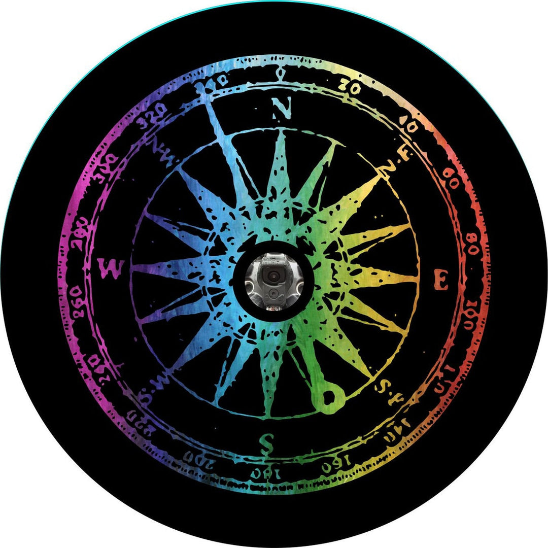 Distressed Rainbow Compass Tie-Dye Spare TIre Cover For Broncos, Campers, RV, Jeep, & More