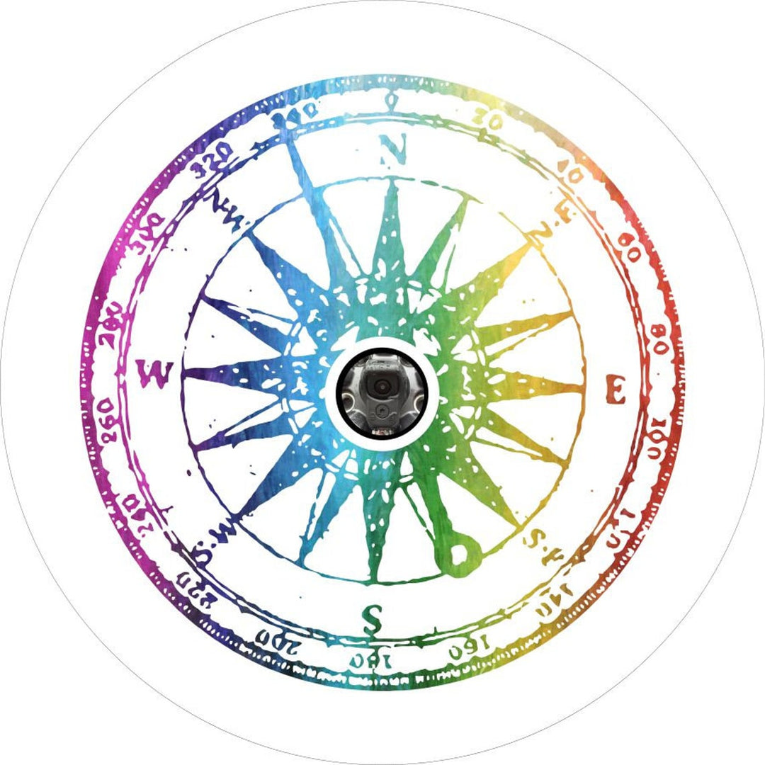 Distressed Rainbow Compass Tie-Dye Spare TIre Cover For Broncos, Campers, RV, Jeep, & More