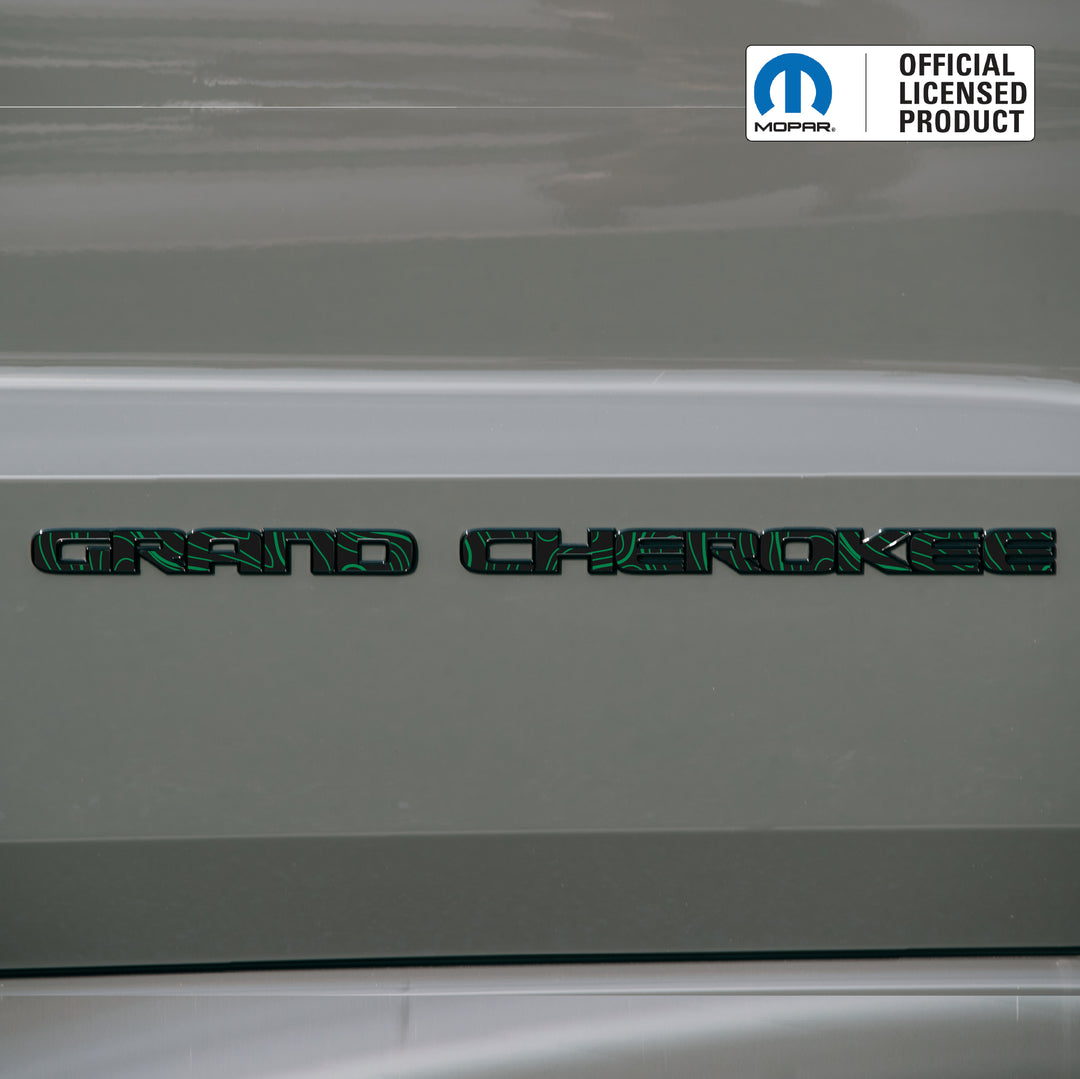 GRAND CHEROKEE Door Emblem Overlay Decals – Topographic Map Print | Fits 2017–2022 Jeep Grand Cherokee WK2