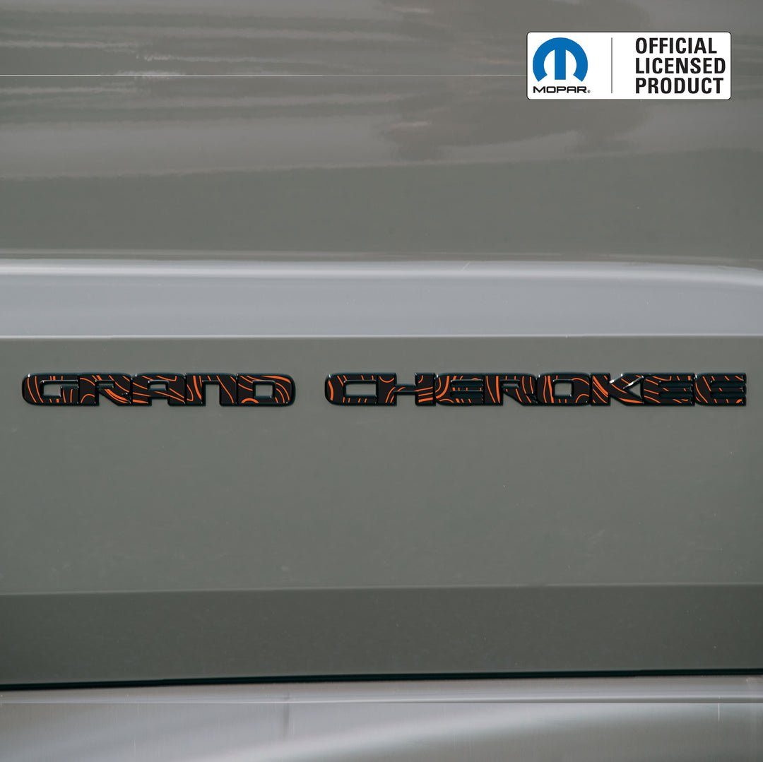 GRAND CHEROKEE Door Emblem Overlay Decals – Topographic Map Print | Fits 2017–2022 Jeep Grand Cherokee WK2