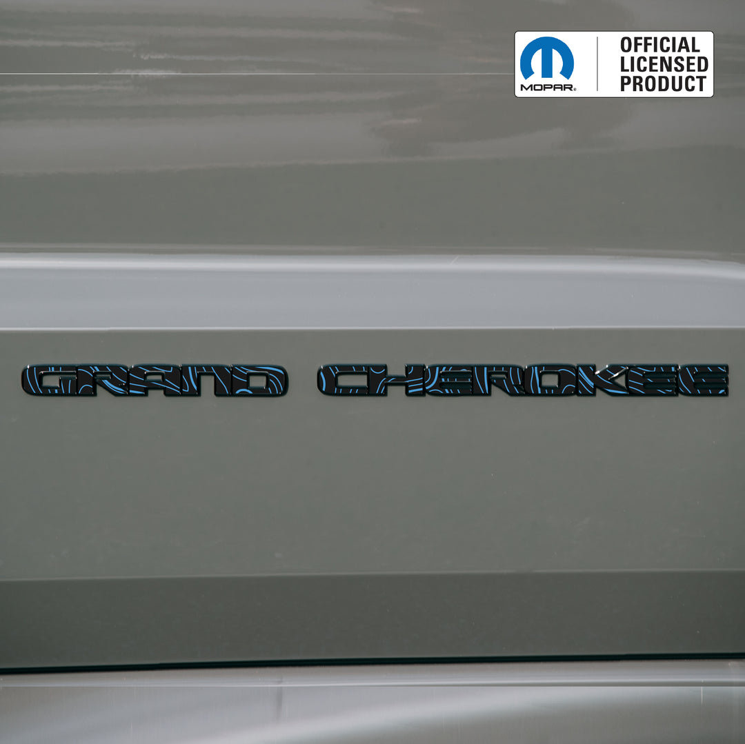 GRAND CHEROKEE Door Emblem Overlay Decals – Topographic Map Print | Fits 2017–2022 Jeep Grand Cherokee WK2