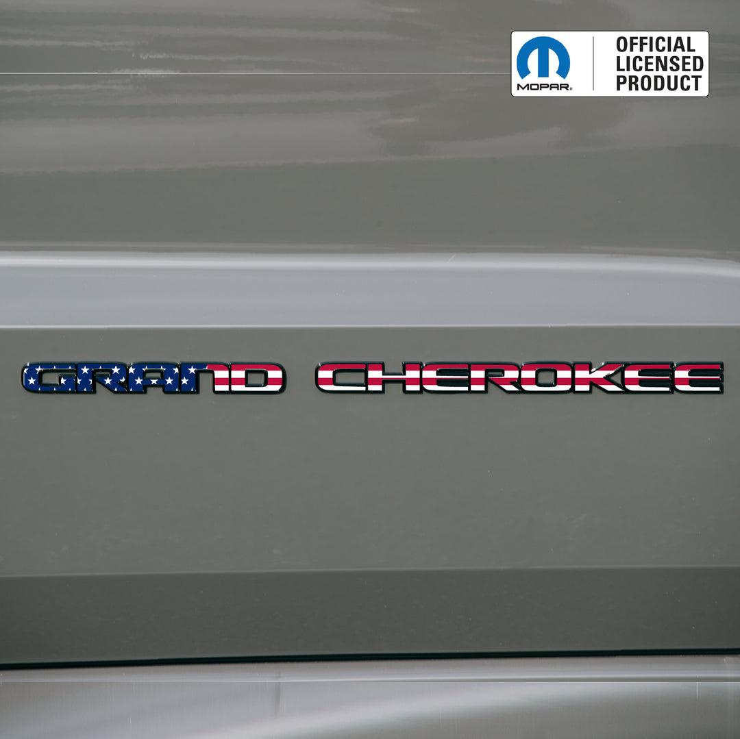 GRAND CHEROKEE Door Emblem Overlay Decals – American Flag Print Designs | Fits 2017–2022 Jeep Grand Cherokee WK2