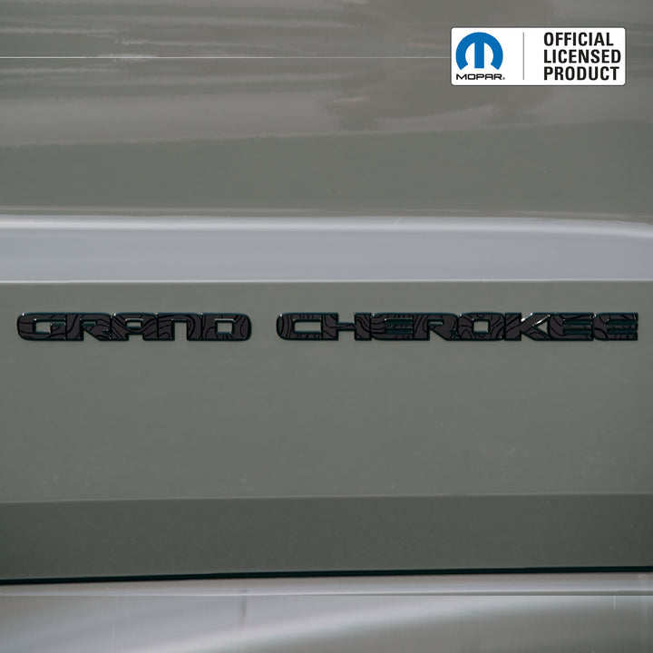 GRAND CHEROKEE Emblem Overlay Decals – Black on Black Topo | Fits 2017–2022 Jeep Grand Cherokee WK2