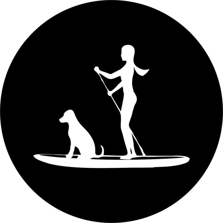 Woman and Her Dog Paddle Boarding Spare Tire Cover for Jeep, Bronco, Camper, RV, Van