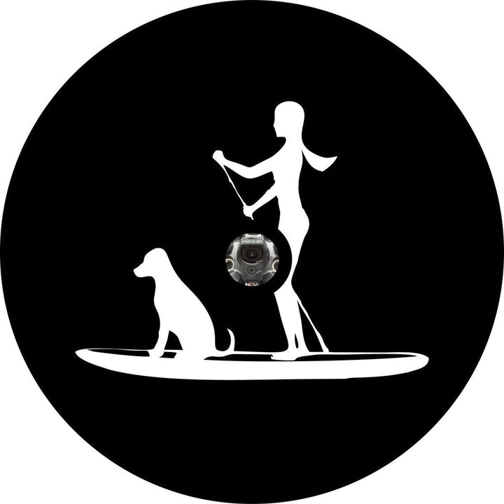 Woman and Her Dog Paddle Boarding Spare Tire Cover for Jeep, Bronco, Camper, RV, Van