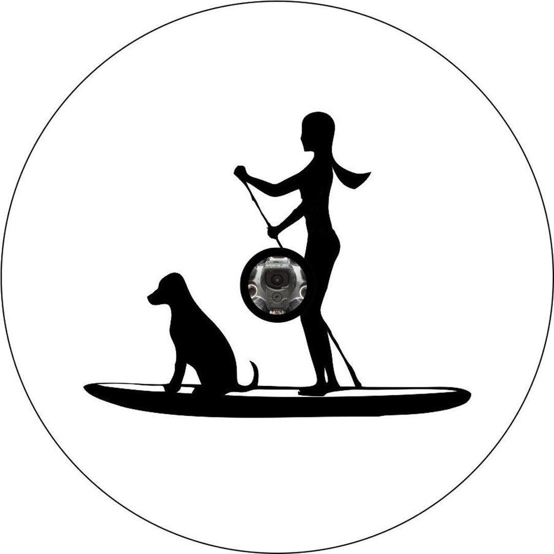 Woman and Her Dog Paddle Boarding Spare Tire Cover for Jeep, Bronco, Camper, RV, Van