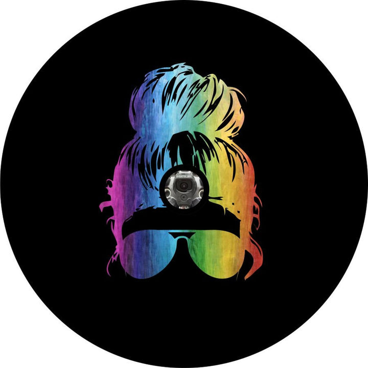 Rainbow Top Knot Messy Bun + Sunglasses | Jeep, Bronco, RV, Camper, Trailer Spare Tire Cover