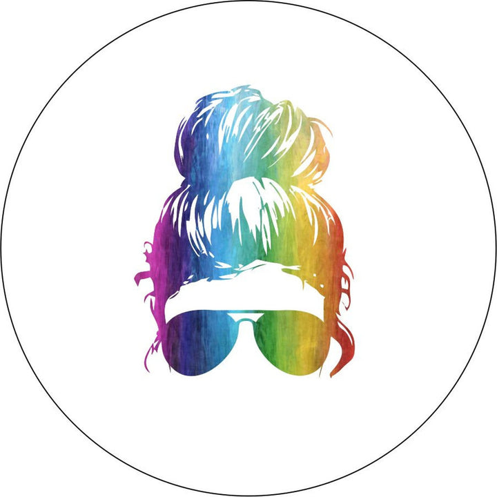 Rainbow Top Knot Messy Bun + Sunglasses | Jeep, Bronco, RV, Camper, Trailer Spare Tire Cover