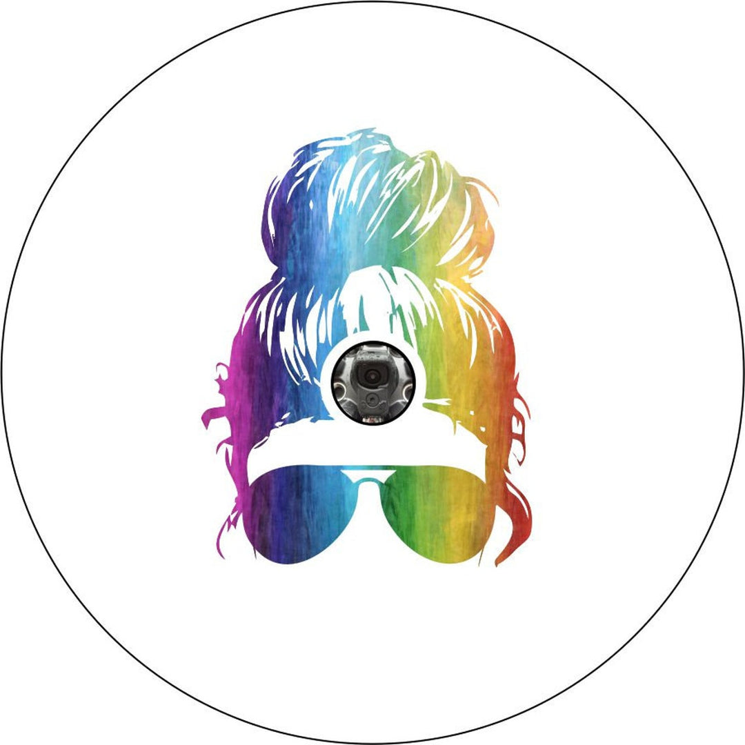 Rainbow Top Knot Messy Bun + Sunglasses | Jeep, Bronco, RV, Camper, Trailer Spare Tire Cover