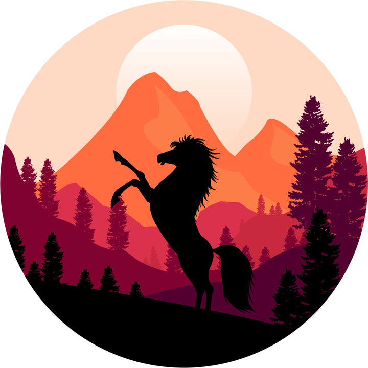 Beautiful Wild Mustang Horse Silhouette in Mountains Spare Tire Cover for Jeep, Bronco, Camper, RV, & More