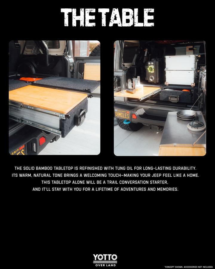 Heavy Duty Versatile Drawer System for Jeep Wrangler JL w/ Slide-Out Bamboo Table & Fridge Mount