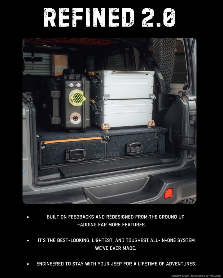 Heavy Duty Versatile Drawer System for Jeep Wrangler JL w/ Slide-Out Bamboo Table & Fridge Mount