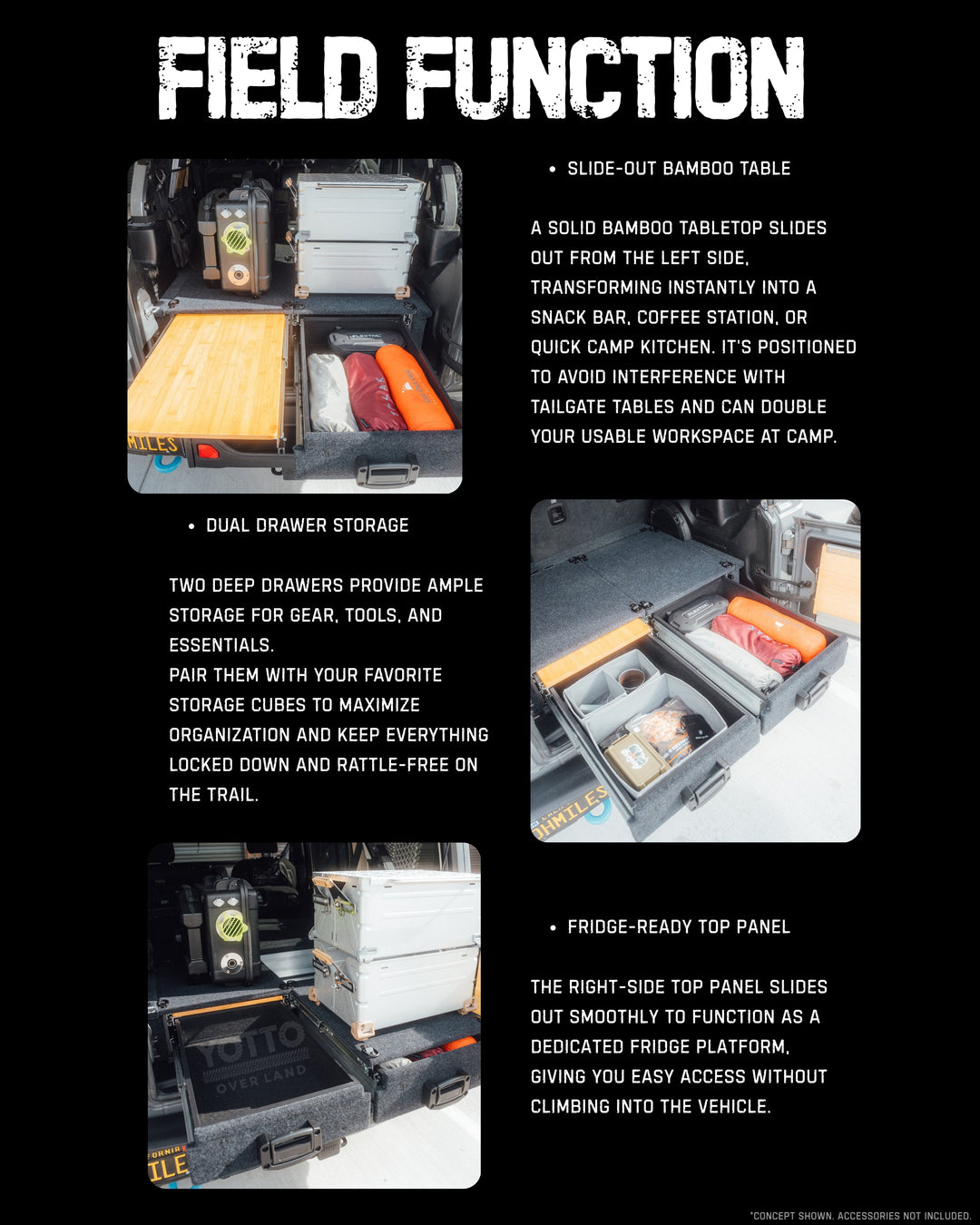 Heavy Duty Versatile Drawer System for Jeep Wrangler JL w/ Slide-Out Bamboo Table & Fridge Mount
