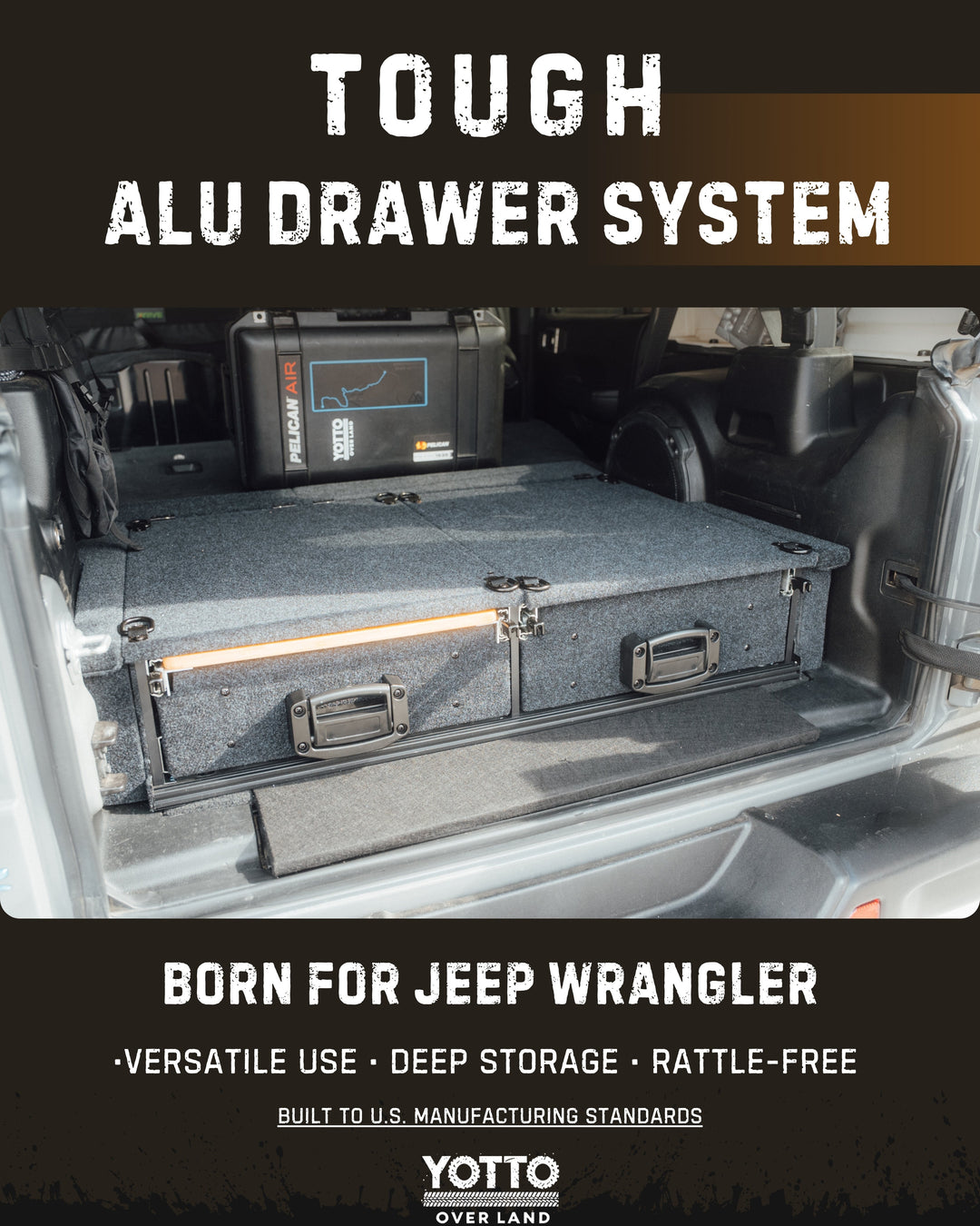 Heavy Duty Versatile Drawer System for Jeep Wrangler JL w/ Slide-Out Bamboo Table & Fridge Mount