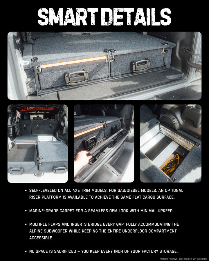 Heavy Duty Versatile Drawer System for Jeep Wrangler JL w/ Slide-Out Bamboo Table & Fridge Mount