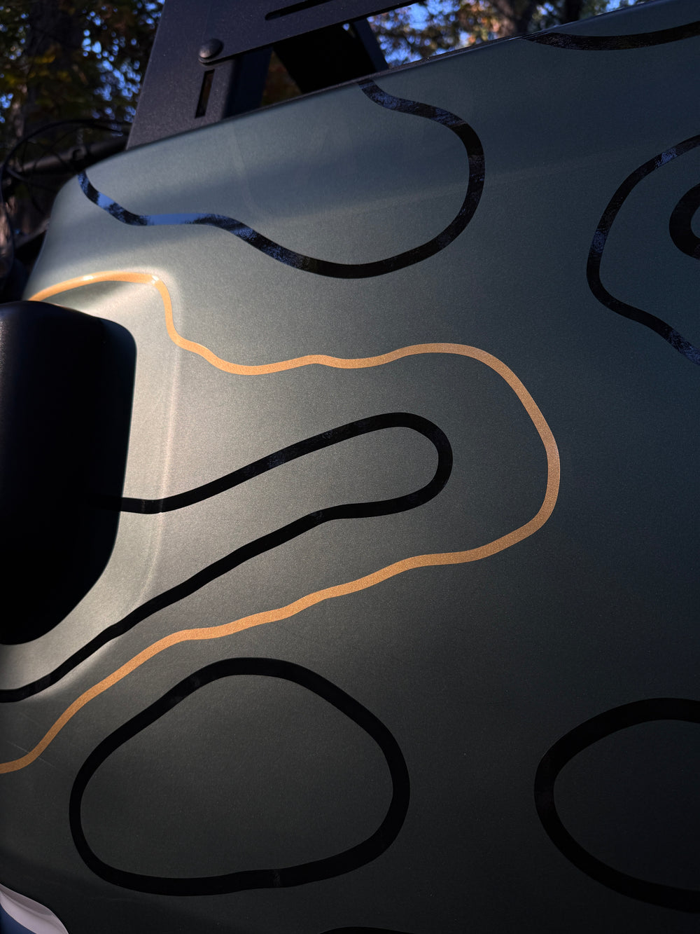 Close-up of a metallic gold topo line between black lines