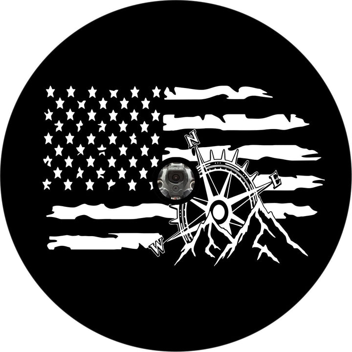 American Flag Compass and Mountains Spare Tire Cover for Jeep, Bronco, RV, Camper, Van, Travel Trailer, Etc.