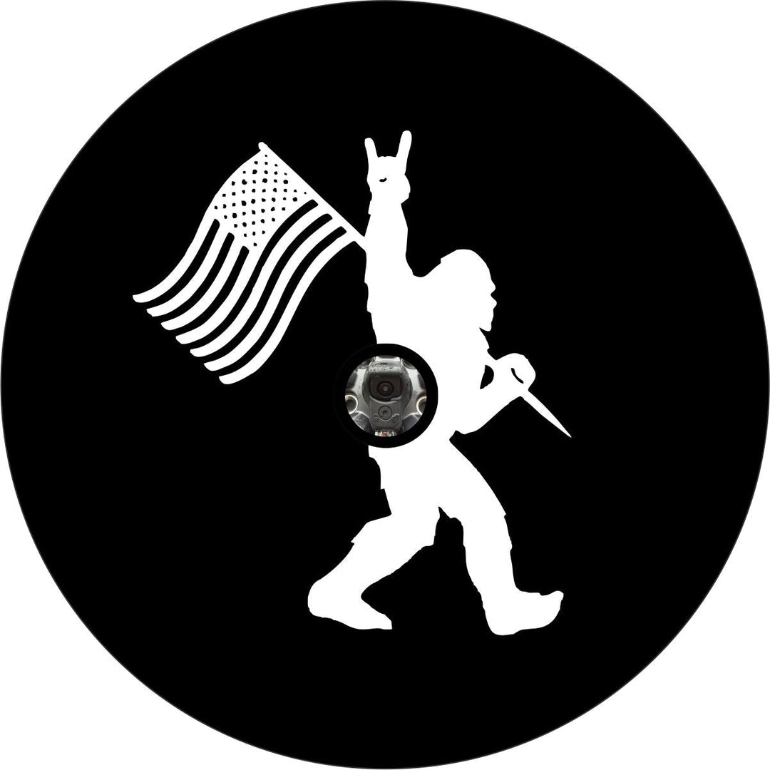 Rock On Bigfoot Sasquatch American Flag Spare Tire Cover for Bronco, Jeep, RV Camper, & More