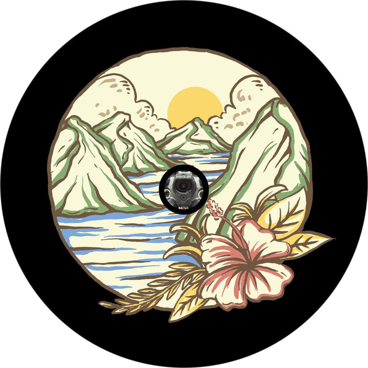 Vintage Mountains at the Sea & Tropical Flower Spare Tire Cover