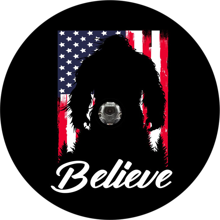 Bigfoot American Flag Believe Sasquatch  Spare Tire Cover for Bronco, Jeep, RV, Campers, & More