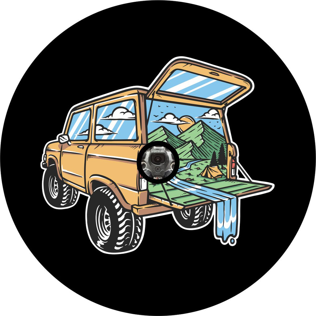 Camping Out The Back of a Bronco Unique Spare Tire Cover for Bronco, RV, Camper, & More