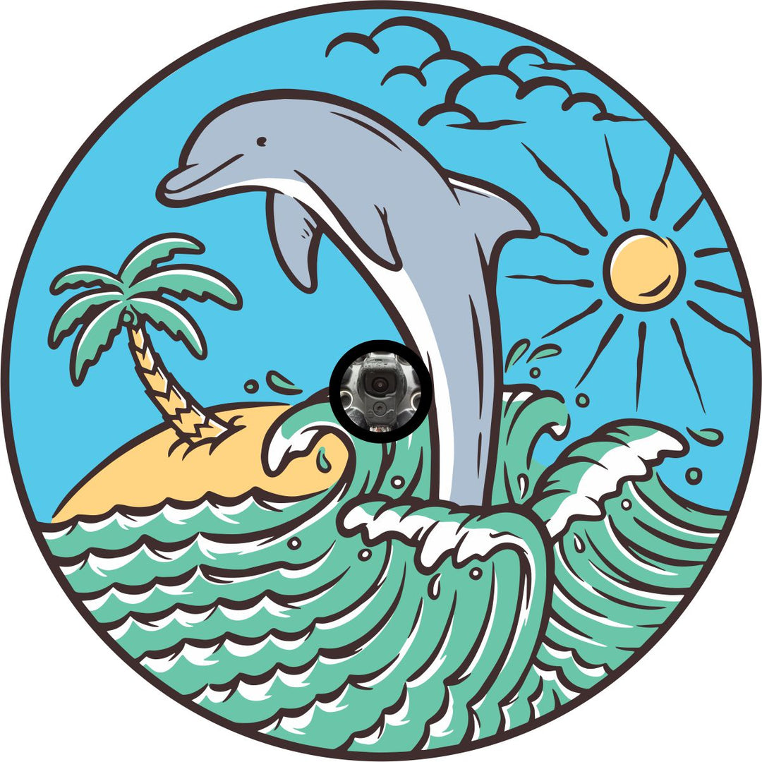 Dolphin Jumping in the Waves Spare Tire Cover for Jeep, Bronco, RV, Camper, & More