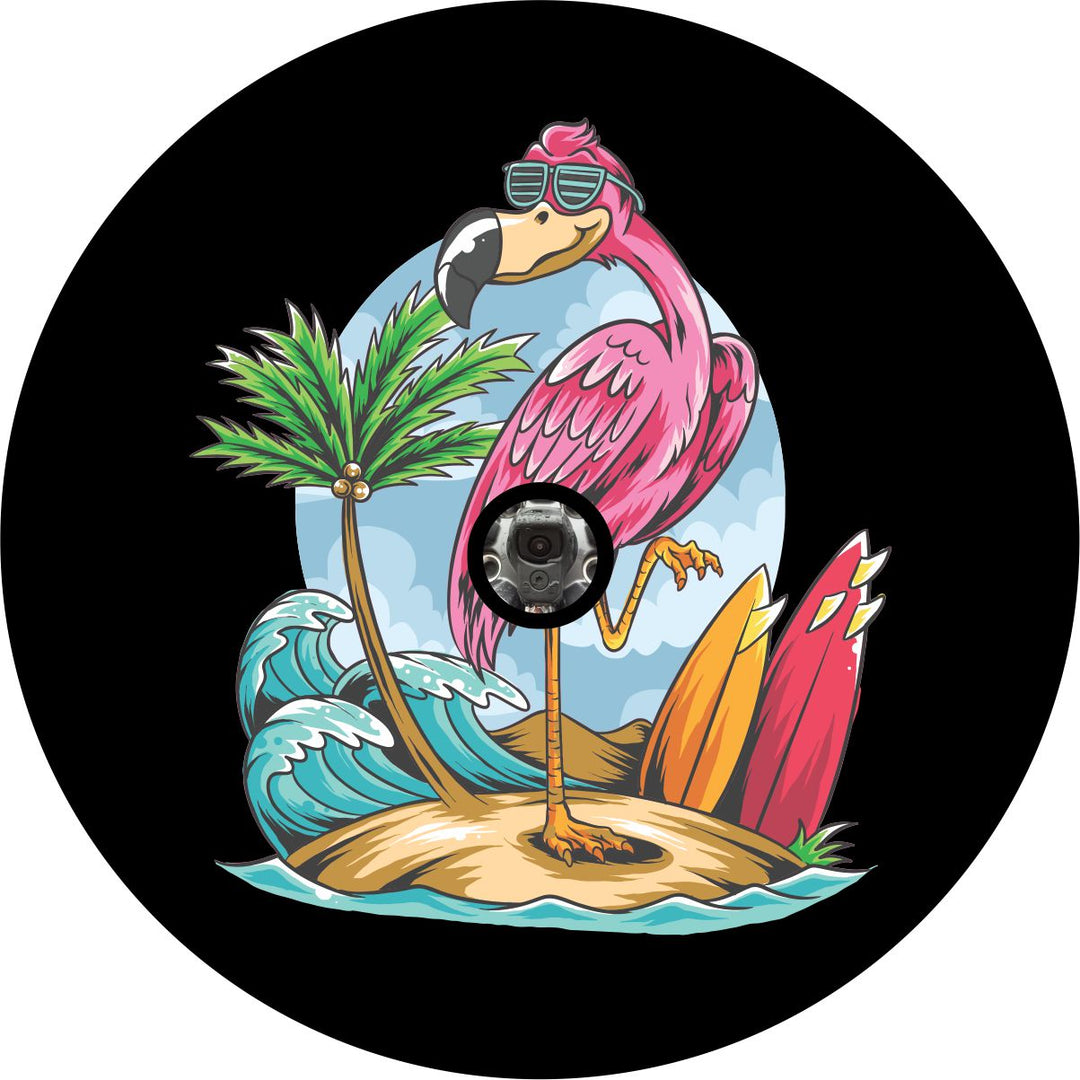 Flamingo on a Beach Funny Spare Tire Cover for Jeep, Bronco, RV, Camper, Etc.