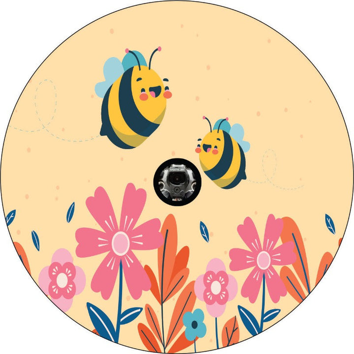 Happy Bees with Flowers Spare Tire Cover for Jeep, RV, Campers, and More