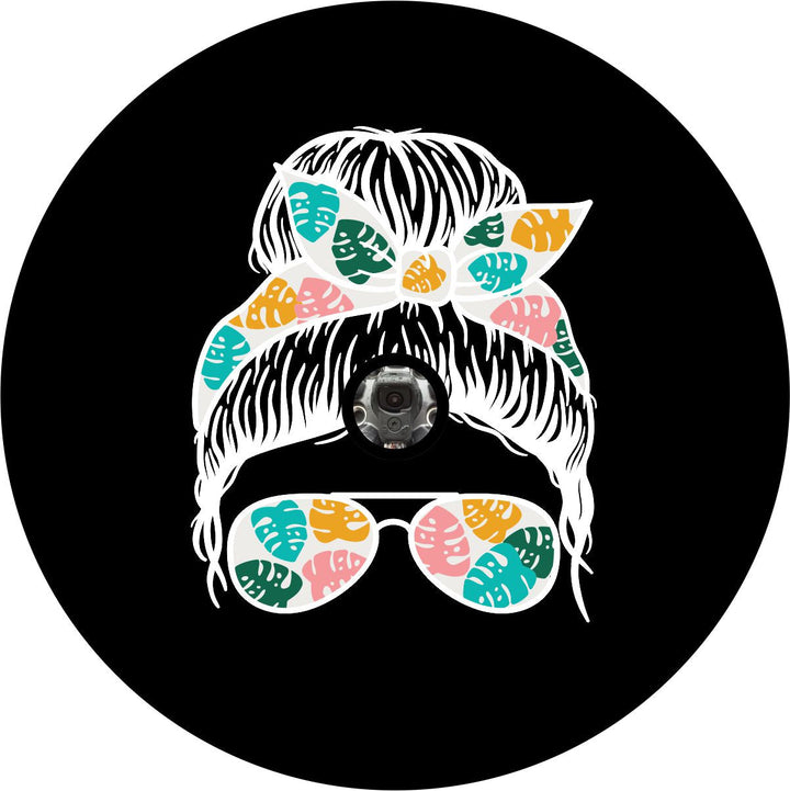 Top Knot Tropical Girl With Sunglasses - Custom Designed Tire Cover for Jeep, RV, Camper, Etc.