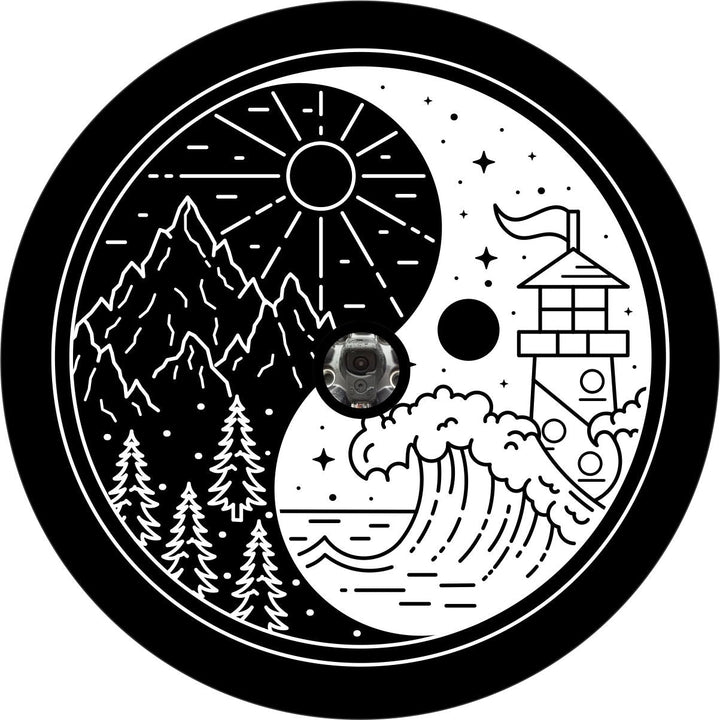 Mountains Meet Ocean Yin Yang Spare Tire Cover - Jeep, Bronco, RV, Camper, Trailer, FJ Cruiser, & More